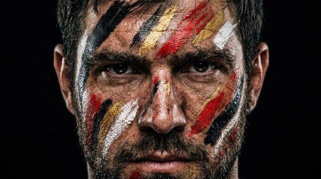 Flag painted face portrait of intense determined soccer fan in stadium