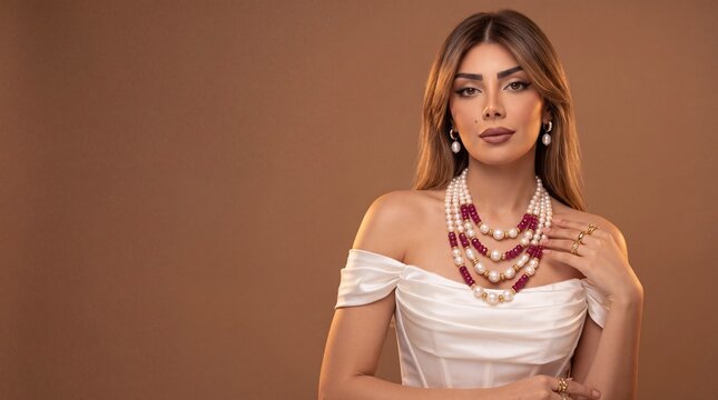 Luxury jewelry advertising banner with confident woman wearing multi strand pearl ruby necklace set in white satin bridal dress, copy space