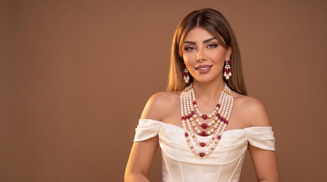 Luxury jewelry advertising banner with smiling woman wearing multi strand pearl ruby necklace set in white satin bridal dress, copy space