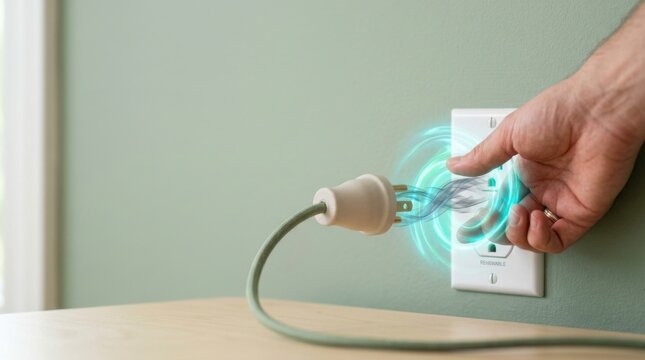 Person's hand turning light switch for premium ceramic plug with green fabric cable indicating renewable energy choice