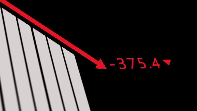 Red stock market crash graph with downward arrow and negative numerical data value