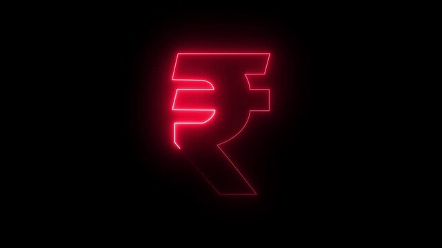 Indian rupee symbol currency sign on a modern glass skyscraper. Mirrored sky and city on modern facade. Business and finance concept 4k video.