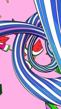 Seamless vertical video of spiral of colorful tubes hand drawn style cartoon with watermelon ice creams. Hypnotic tunnel of lines background with comic halftone effect.