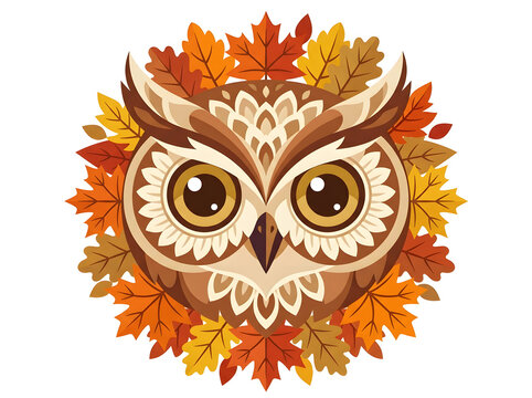 Vector owl face framing leaves, cute brown owl head in autumn foliage