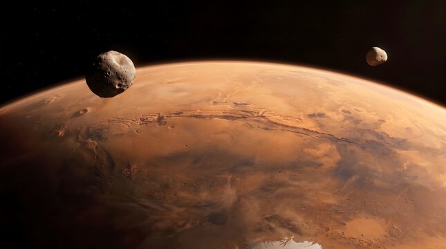 Mars Planet with Phobos and Deimos Moons