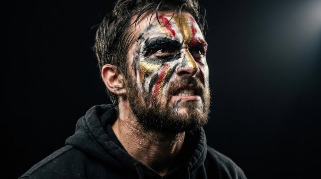 Post-match portrait of a football player with gritty face paint and tired expression