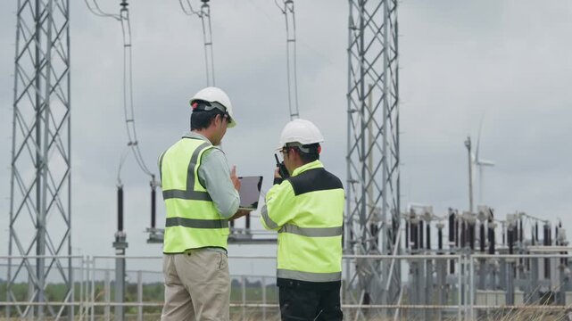 Engineer Inspecting Electrical Substation Equipment Beside Coworker During Outdoor Power Infrastructure Review Near Transmission Tower, Safety Work Communication Under Cloudy Overcast Sky