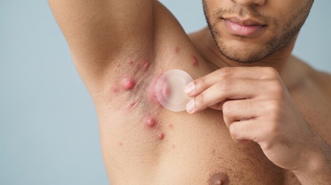 Man Applying Hydrocolloid Patch On Underarm Hidradenitis Suppurativa Boils