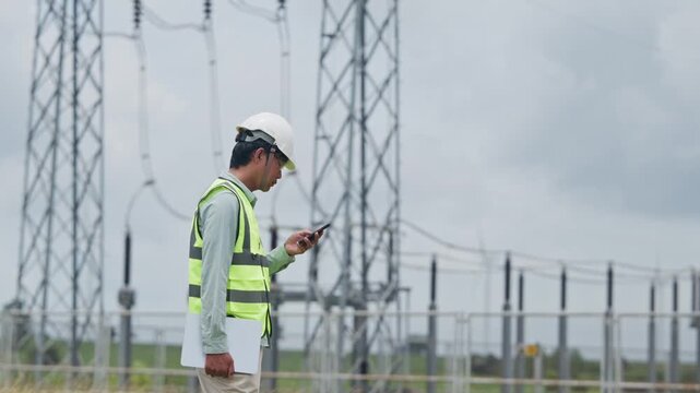 Electrical Engineer Wearing Safety Vest and Helmet for Equipment Inspection Outdoor Power Station, Utility Worker Checking Mobile Device Near Electrical Grid, Transmission Tower, Power Line