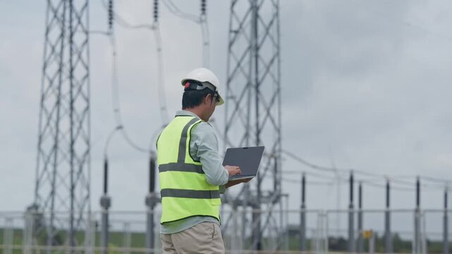 Electrical Engineer Wearing Safety Vest Using Laptop Near Power Substation and Transmission Towers Under Cloudy Sky, Inspecting Industrial Equipment for Electrical Safety Work