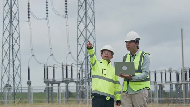 Engineer Safety Vest Helmet Electrical Substation Technician Worker Review Laptop During Outdoor Utility Inspection, Supporting Teamwork, High Voltage Infrastructure Maintenance, and Careful Field