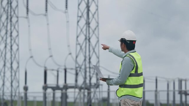 Electrical engineer safety vest using tablet and plans while inspecting power substation equipment, utility worker conducting outdoor electrical safety maintenance near high voltage infrastructure
