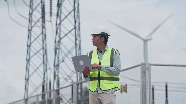 Engineer Conducting Wind Power Inspection Outdoors With Laptop Near Electrical Tower And Turbine, Wearing Safety Gear During Renewable Energy Fieldwork Under Cloudy Daylight Conditions