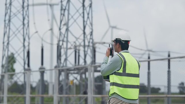 Utility engineer wearing safety vest and helmet conducting electrical substation inspection, communicating by radio during power infrastructure maintenance near wind turbine, supporting energy