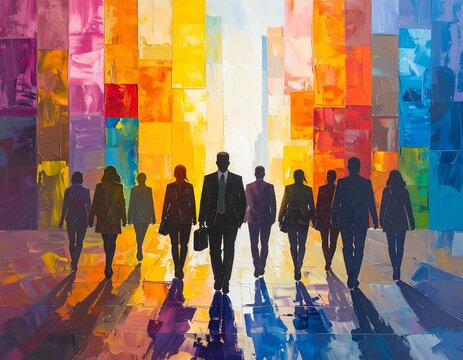 Group of silhouetted figures walking towards the viewer, against a colorful, abstracted backdrop