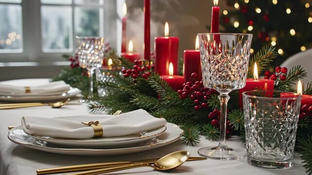 Elegant Christmas dinner table with red candles, crystal glasses and pine garland for festive holiday concept
