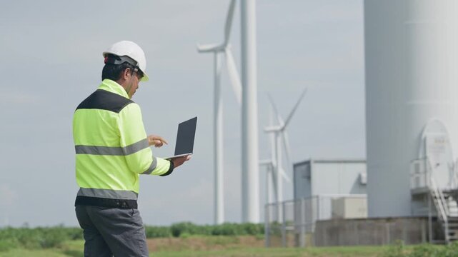 Engineer Inspecting Wind Turbine Energy Facility Wearing Safety Helmet and Reflective Vest, Using Laptop to Monitor Renewable Power Equipment and Modern Infrastructure Across Green Fields During