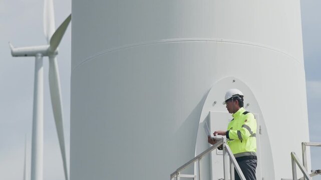 Wind turbine engineer worker in high visibility clothing inspects renewable energy structure, ladder, stairway, and tower from elevated platform during outdoor maintenance under clear sky conditions