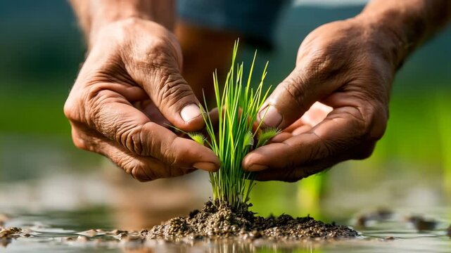 Close-Up of Farmer Hands Planting Rice Seedlings