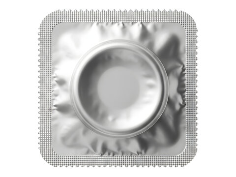 A sealed square foil condom packet isolated on a clean transparent background