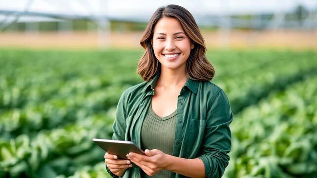 Confident Female Agricultural Entrepreneur Reviewing Crops on Tablet