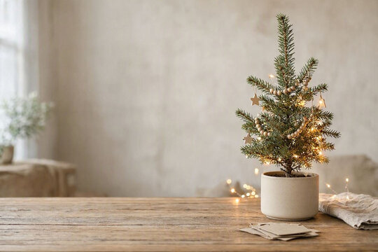 Minimal Christmas scene with a small decorated pine tree, warm fairy lights, wooden table, soft cozy atmosphere, neutral colors, empty space for tex, realistic photography, commercial stock image, hig