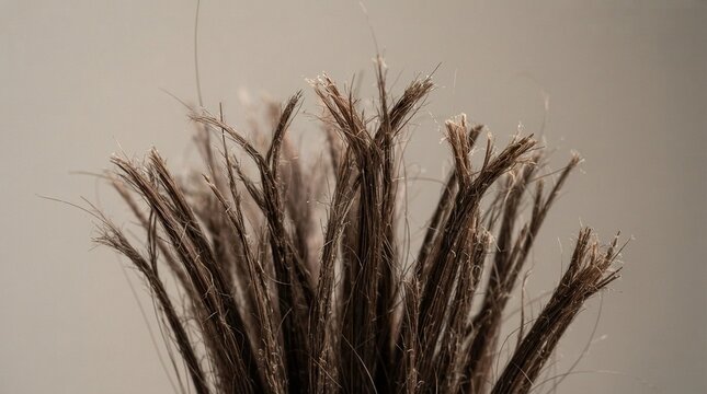 Severe split ends and damaged hair cluster close-up (macro).