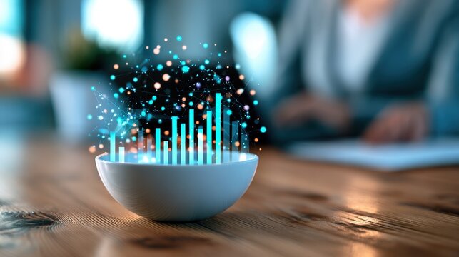 Digital visualization of data analytics with glowing graphs and charts emerging from a bowl on a wooden table in a modern office environment