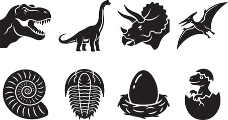 Black and white silhouette set of dinosaurs, prehistoric fossils, and paleontology vector icons. © Animesh