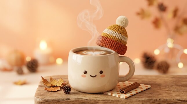 Cute Ceramic Mug with Knit Beanie Hat and Steaming Hot Beverage for Cozy Autumn Season Concept