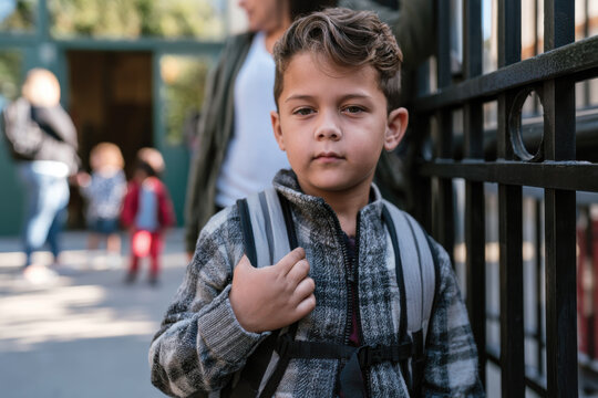 A confident young boy stands at the school gate with a backpack, showcasing the pride of youth in attending school and embracing new experiences.