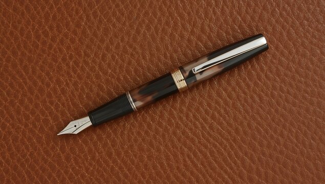 Elegant marbled fountain pen resting on a rich brown leather desk blotter surface