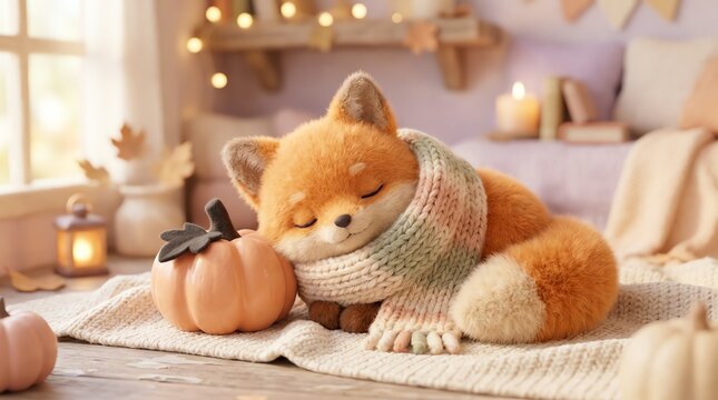 Cute fluffy fox sleeping peacefully wearing a warm knitted scarf next to small pastel pumpkins indoors during autumn