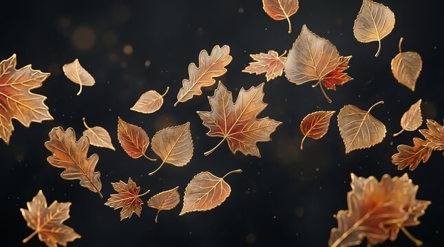 Golden Autumn Leaves Floating Against Dark Backdrop