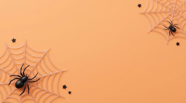Halloween background with black spiders and cobwebs on a solid orange surface with copy space for text