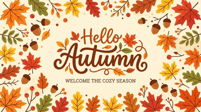 Hello Autumn welcome message typography with seasonal leaves and acorns border illustration