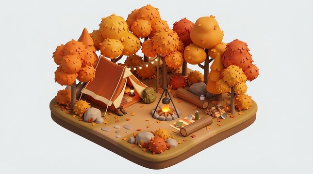 Isometric 3d render of a cozy autumn camping scene with tent and bonfire