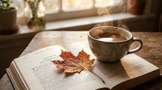Hot steaming beverage cup and dried leaf placed on an open book upon a rustic wooden table