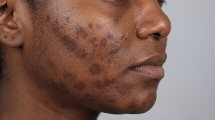 Naklejka premium Profile Close Up Of Black Woman With Severe Post Inflammatory Hyperpigmentation And Dark Patches
