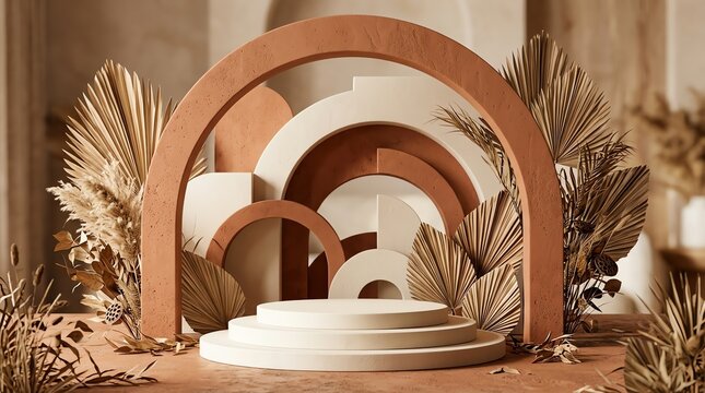 Minimalist neutral podium stage with dried palm leaves and arches for product presentation