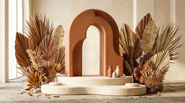 Minimalist terracotta arch podium with dry palm leaves for product display