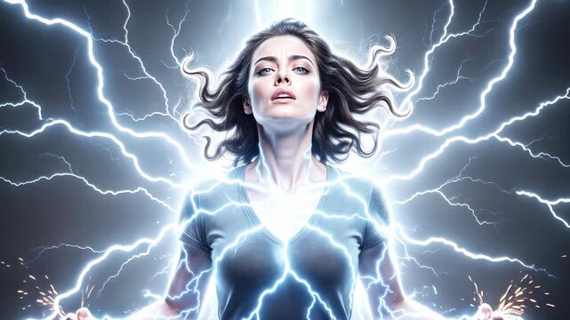 Woman manifesting electrical energy with glowing blue eyes and floating hair. Cinematic portrayal of supernatural power and static electricity. Medium shot with subtle camera tilt.