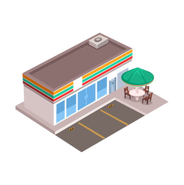 Isometric Convenience Store with Outdoor Bench and Umbrella Vector Illustration