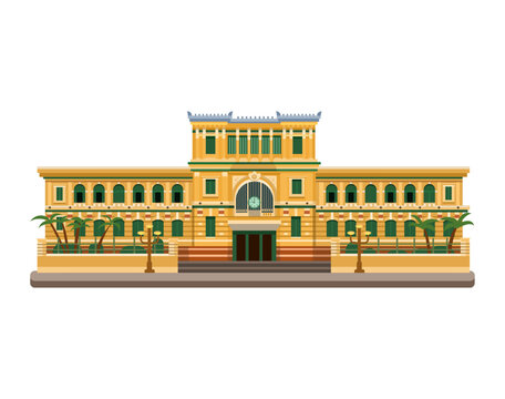 Saigon Central Post Office Vietnam Flat Design Vector Illustration