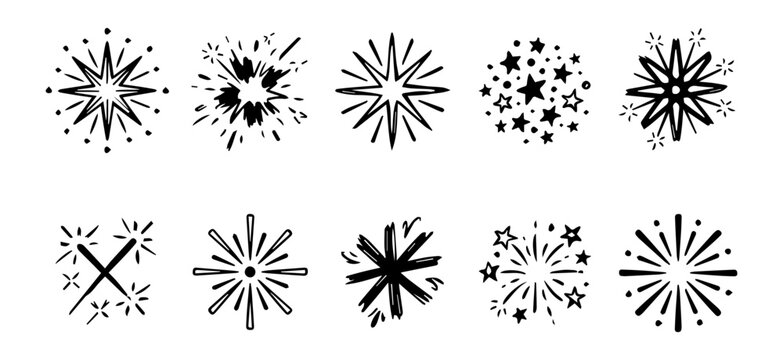 Firework and burst doodle icon set in hand drawn sketch style with explosion, sparkle, star, starburst and celebration symbols for party, festival and magic design, including 10 vector illustrations