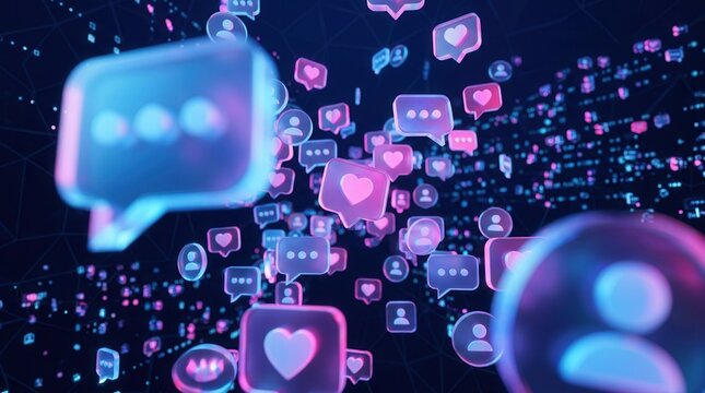 Social media icons like profile pictures, comments, and hearts in a vibrant background for promoting online campaigns and advertising agencies.