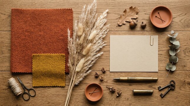 Overhead view of flat lay composition featuring autumn themed decorative elements stationery and textile samples on a wooden table
