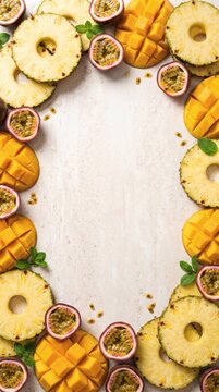 Frame made of fresh tropical fruits including pineapple mango and passion fruit on a white background.