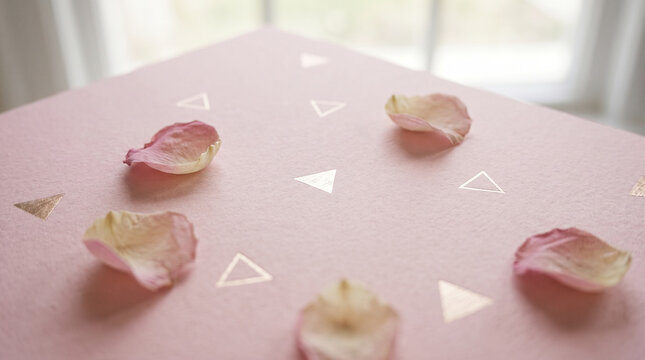 Soft pink rose petals scattered on textured pink paper with gold foil triangles
