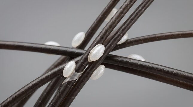 High magnification macro of head lice nits attached to strands of dark human hair